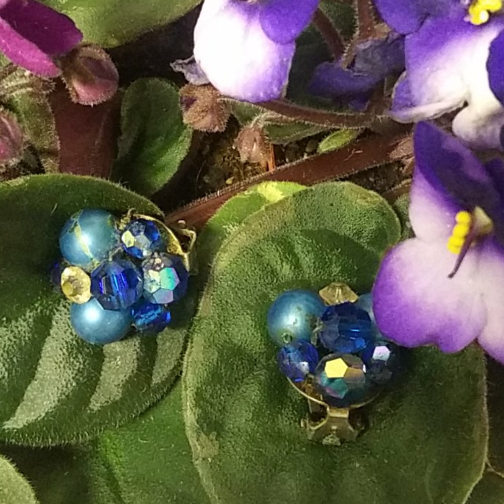 VNTG Blues Beaded Cluster Clip on Earrings